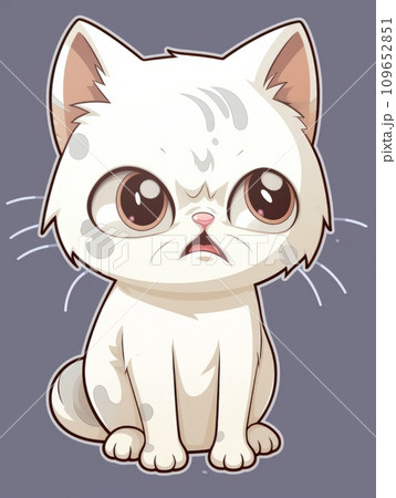 AI-generated content. Cartoon sticker white hungry kitten on grey background isolated, AI 109652851