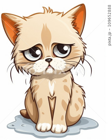 AI-generated content. Sad Kitten sticker in cartoon style on white background isolated, AI 109652888
