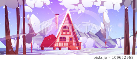 Cartoon winter snowy landscape with wooden house Cartoon winter snowy landscape with wooden house 109652968