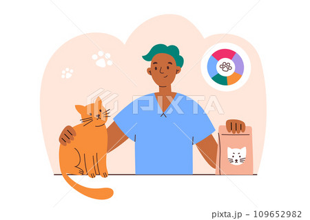 Pet diet and nutrition illustration, hand drawn scene with vet doctor and domestic cat, vector illustration of kitten food pack, feeding cat consultation, veterinary clinic, colored clipart 109652982