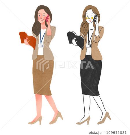 オフィスで働く電話をする女性全身手描きイラスト 109653081