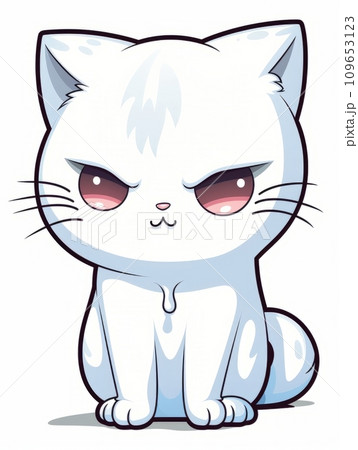 AI-generated content. Cartoon sticker evil white kitten on white background isolated, AI 109653123