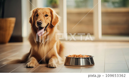AI-generated content. A Loyal Canine Waiting Patiently Next to a Bowl of Nourishment 109653362