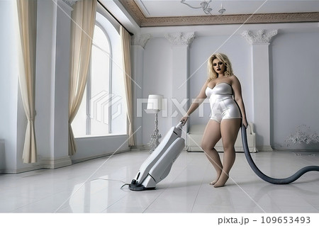 Attractive slightly overweight blonde woman vacuuming a white minimalist living room in a tight suit 109653493