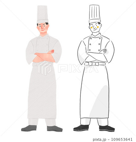 飲食店で働くエプロンをする料理人の男性全身手描きイラスト 飲食店で働くエプロンをする料理人の男性全身手描きイラスト 109653641