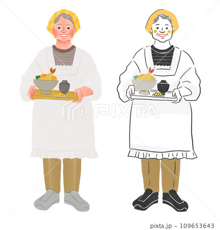 飲食店で働く割烹着の女性全身手描きイラスト 109653643