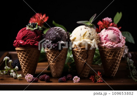 three ice cream cones in four cups 109653802