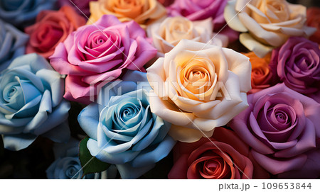 Closeup a bouquet of colorful roses flower texture background for a Valentine's Day celebration or a summer wedding. Pattern of rose petals. Roses background for love and romance. Generative AI. 109653844