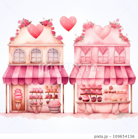 two sweet shops with many hearts on top 109654136