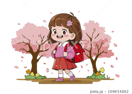 桜とランドセルの女の子 109654862