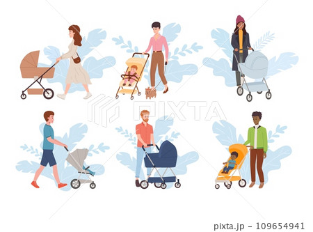 Parents walking with a baby in stroller, flat vector illustration isolated. 109654941