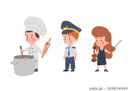 Cute children in professional uniform, cartoon flat vector illustration isolated on white background. 109654944