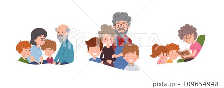 Set of grandparents spending time with children flat style, vector illustration 109654948