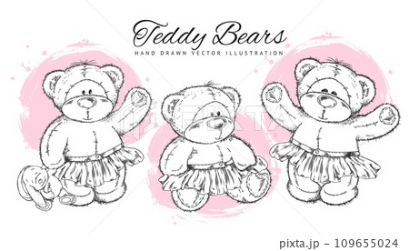 Set of cute teddy bears in hand drawn sketch style, vector illustration isolated on white background. Set of cute teddy bears in hand drawn sketch style, vector illustration isolated on white background. 109655024