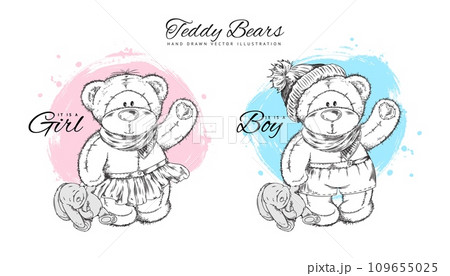Vector set of hand drawn colorless funny cartoon bears girl and boy dolls with bunny toy, sketch with lettering 109655025
