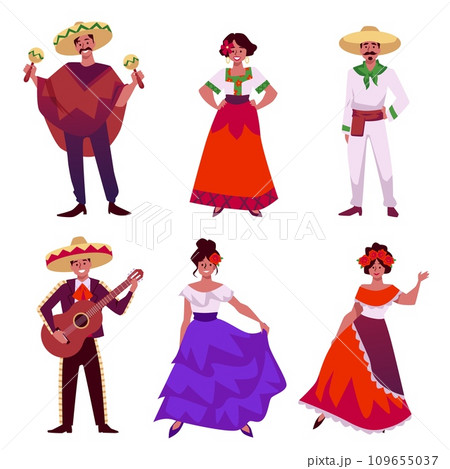 Set of smiling Mexican people in national costumes flat style, vector illustration 109655037