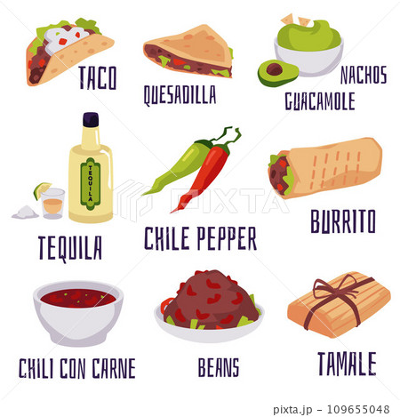 Set of various Mexican dishes with names flat style, vector illustration 109655048