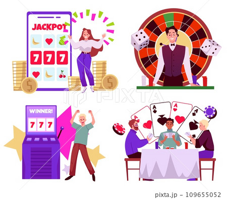 Gambling entertainment cartoon vector set, slot machine jackpot win, men play poker, croupier isolated illustration 109655052
