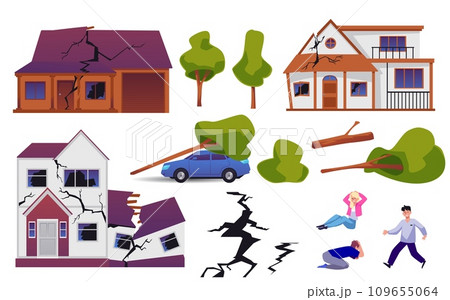 Flat vector isolated illustrations set consequences of natural disaster, earthquake, abandoned buildings, unhappy people Flat vector isolated illustrations set consequences of natural disaster, earthquake, abandoned buildings, unhappy people 109655064