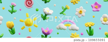 Spring seamless pattern, realistic 3D render in plasticine art, vector 109655091