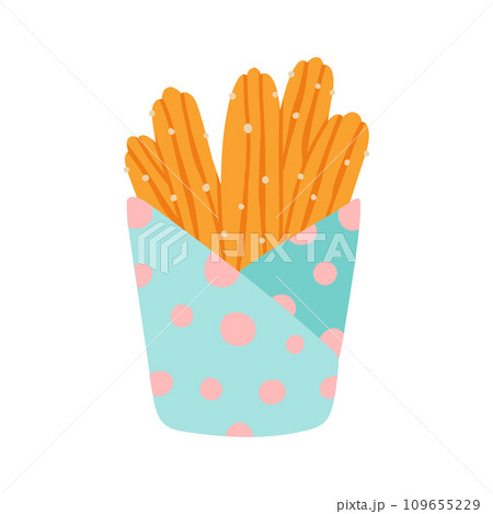 Churros in a paper bag. Mexican snack. Hand drawn flat vector illustration. 109655229