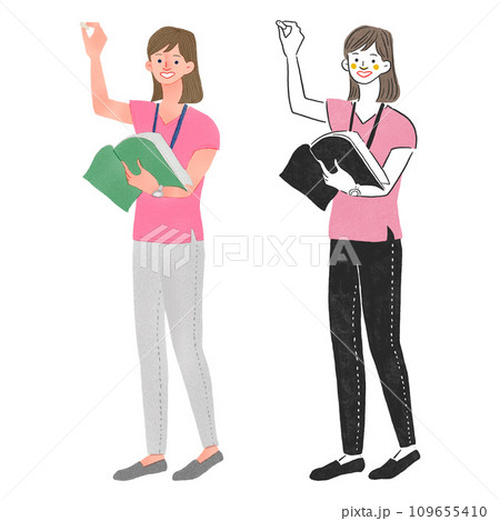 チョークを持って授業をする女性の先生の全身手描きイラスト チョークを持って授業をする女性の先生の全身手描きイラスト 109655410