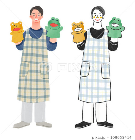 ぬいぐるみを持った保育士の男性の先生全身手描きイラスト ぬいぐるみを持った保育士の男性の先生全身手描きイラスト 109655414