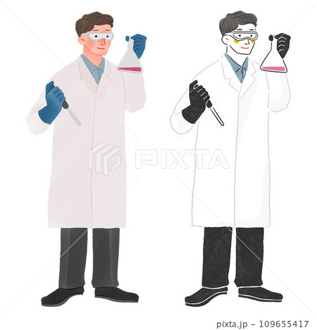 白衣を着て実験研究をする男性の全身手描きイラスト 白衣を着て実験研究をする男性の全身手描きイラスト 109655417