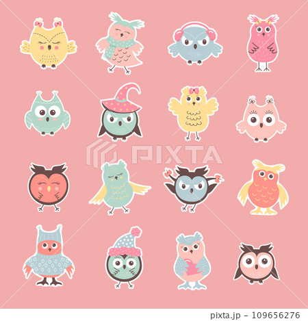 Cute funny owls sticker set. Winter characters in different clothing 109656276