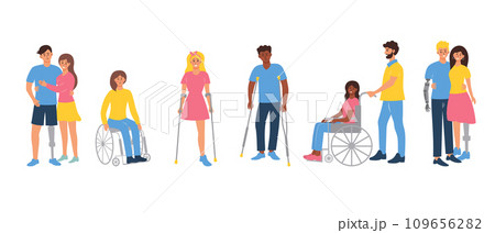 People with disability set. Men and women with prosthesis and wheelchair.  109656282