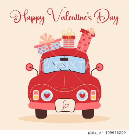 Red car with present boxes on top. Happy Valentines day card. Love retro car. Red car with present boxes on top. Happy Valentines day card. Love retro car. 109656290