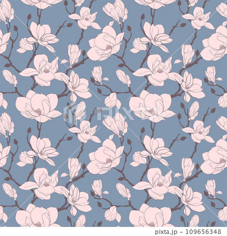 A pattern of magnolia branches in a retro style on a blue background 109656348