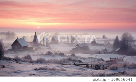 A small cozy, homely house in a village in the distance surrounded by a snow-covered landscape of beautiful nature in the middle of winter in pink sunshine. A small cozy, homely house in a village in the distance surrounded by a snow-covered landscape of beautiful nature in the middle of winter in pink sunshine. 109656641