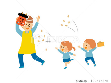 節分　豆まきをする幼稚園児と先生のイラスト素材 109656876