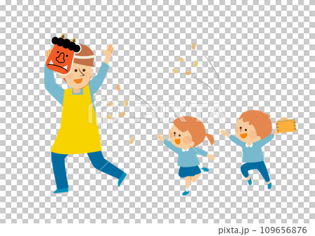 節分　豆まきをする幼稚園児と先生のイラスト素材 109656876