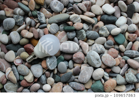 Energy Saving Lamp Bulb On A Colored Smooth Pebbles Texture Background 109657863