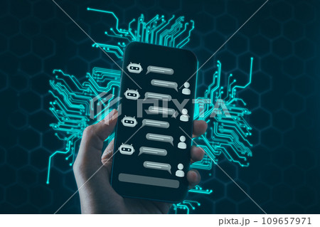 AI robotic Artificial Intelligence, businessman input prompt to AI chatbot for conversation with human. Futuristic technology and digital communication concept. 109657971