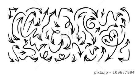 Grunge arrows. Brush painted arrow set with marker texture. Vector illustration 109657994
