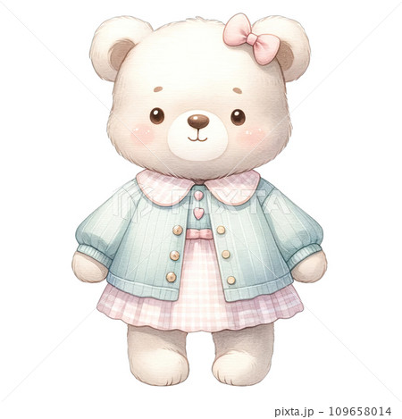 Watercolor toddler girl bear wearing cute pink pastel dress 109658014