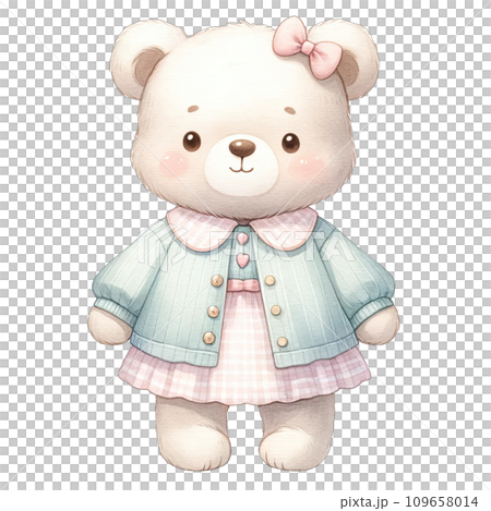 Watercolor toddler girl bear wearing cute pink pastel dress 109658014
