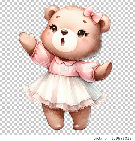 Watercolor toddler girl bear wearing cute pink pastel dress 109658015
