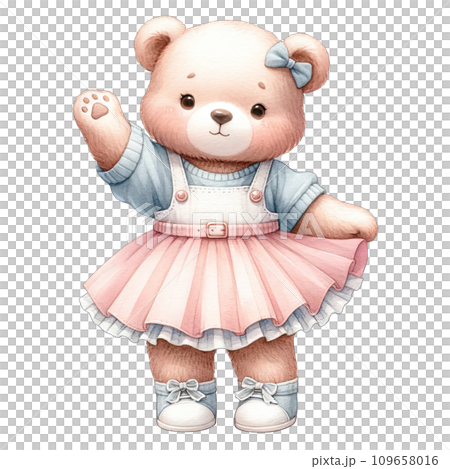 Watercolor toddler girl bear wearing cute pink pastel dress 109658016