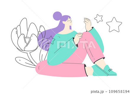 Dreaming Woman Character with Head in Cloud Having Fancy Imagination Sit Near Blooming Flower Vector Illustration Dreaming Woman Character with Head in Cloud Having Fancy Imagination Sit Near Blooming Flower Vector Illustration 109658194