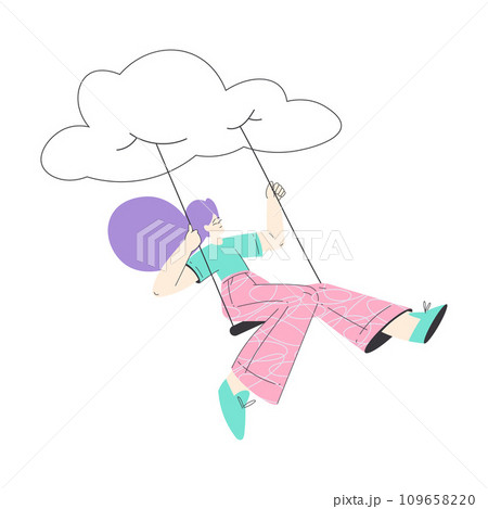 Dreaming Woman Character Swinging with Cloud Having Fancy Imagination Vector Illustration Dreaming Woman Character Swinging with Cloud Having Fancy Imagination Vector Illustration 109658220