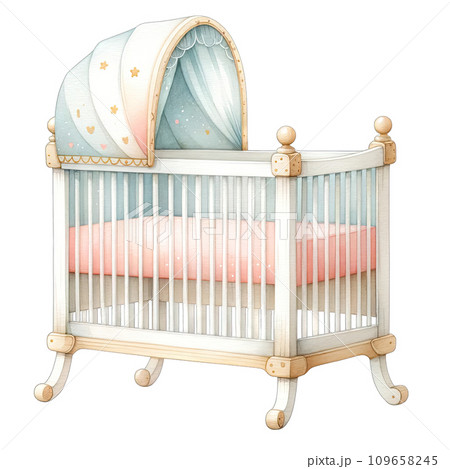 Watercolor baby crib Nursery style in pastel colors Watercolor baby crib Nursery style in pastel colors 109658245