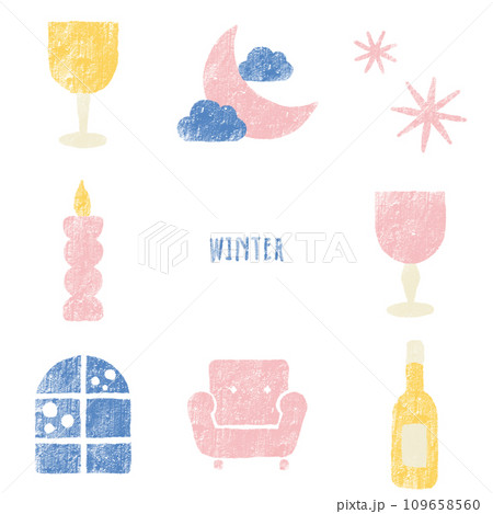 冬の夜とワインのベタ塗りイラストセット（ピンク系） 109658560
