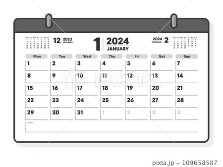 2024年1月のシンプルなカレンダー - 月曜始まりの月めくりカレンダー - 3ヶ月分・A版比率 2024年1月のシンプルなカレンダー - 月曜始まりの月めくりカレンダー - 3ヶ月分・A版比率 109658587