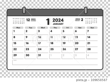 2024年1月のシンプルなカレンダー - 月曜始まりの月めくりカレンダー - 3ヶ月分・A版比率 2024年1月のシンプルなカレンダー - 月曜始まりの月めくりカレンダー - 3ヶ月分・A版比率 109658587