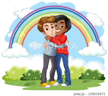 Happy gay couple hugging at the park Happy gay couple hugging at the park 109658672