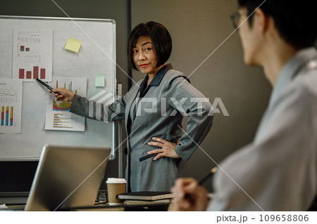 Serious senior businesswoman standing in front of flip chart explaining task at meeting. 109658806